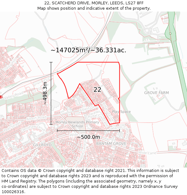 22, SCATCHERD DRIVE, MORLEY, LEEDS, LS27 8FF: Plot and title map