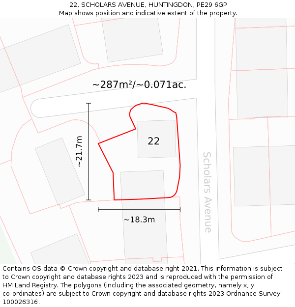 22, SCHOLARS AVENUE, HUNTINGDON, PE29 6GP: Plot and title map