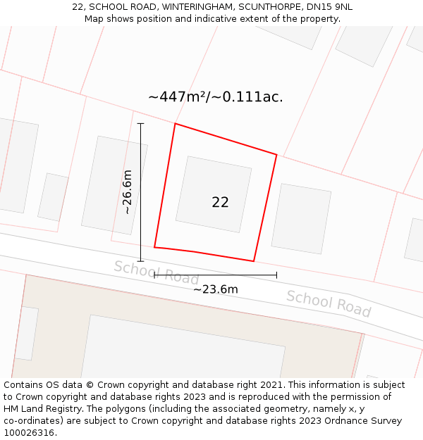 22, SCHOOL ROAD, WINTERINGHAM, SCUNTHORPE, DN15 9NL: Plot and title map