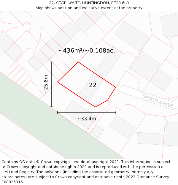 22, SEATHWAITE, HUNTINGDON, PE29 6UY: Plot and title map