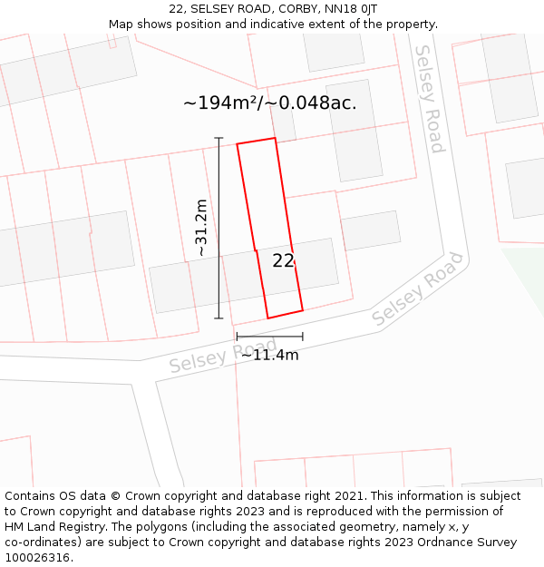 22, SELSEY ROAD, CORBY, NN18 0JT: Plot and title map