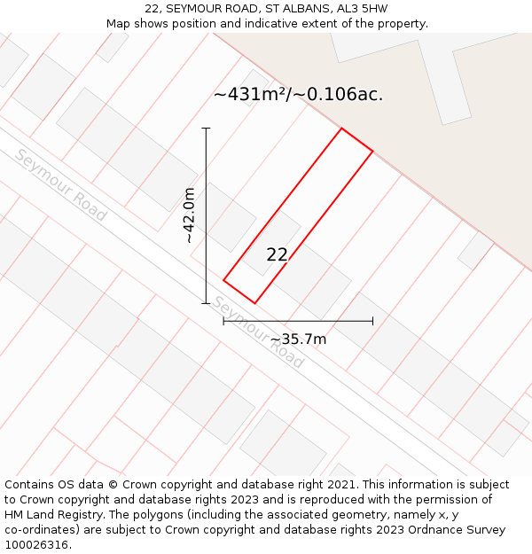 22, SEYMOUR ROAD, ST ALBANS, AL3 5HW: Plot and title map
