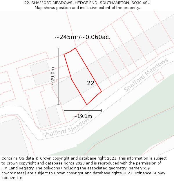 22, SHAFFORD MEADOWS, HEDGE END, SOUTHAMPTON, SO30 4SU: Plot and title map