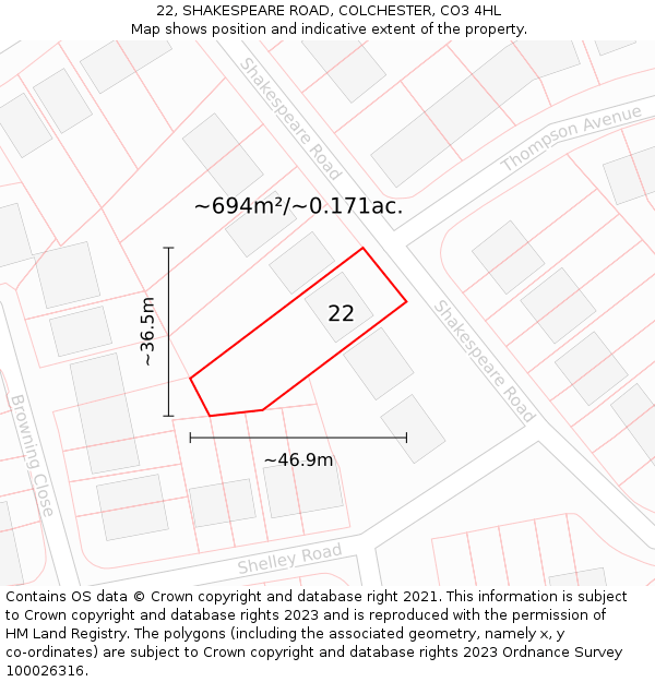 22, SHAKESPEARE ROAD, COLCHESTER, CO3 4HL: Plot and title map