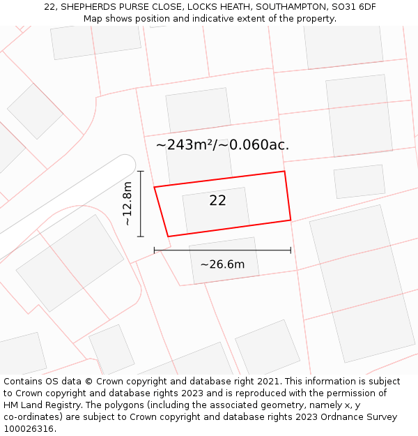 22, SHEPHERDS PURSE CLOSE, LOCKS HEATH, SOUTHAMPTON, SO31 6DF: Plot and title map
