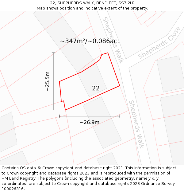 22, SHEPHERDS WALK, BENFLEET, SS7 2LP: Plot and title map