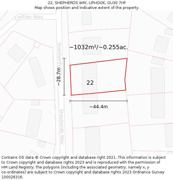 22, SHEPHERDS WAY, LIPHOOK, GU30 7HF: Plot and title map