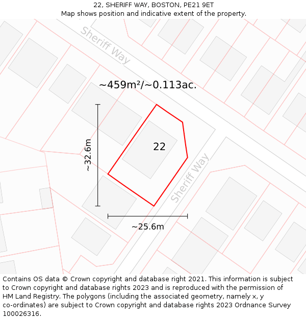 22, SHERIFF WAY, BOSTON, PE21 9ET: Plot and title map