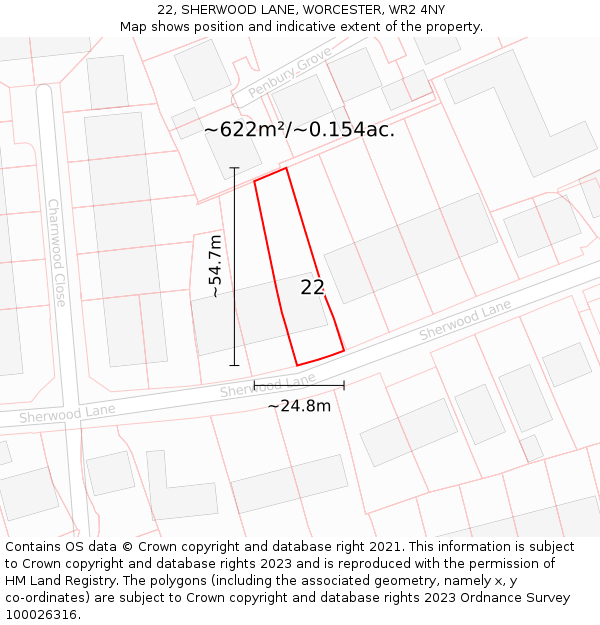 22, SHERWOOD LANE, WORCESTER, WR2 4NY: Plot and title map