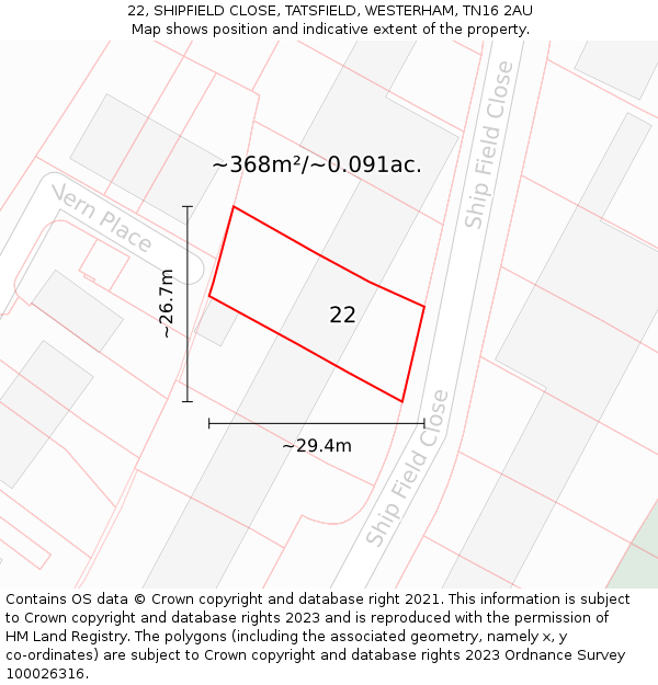 22, SHIPFIELD CLOSE, TATSFIELD, WESTERHAM, TN16 2AU: Plot and title map