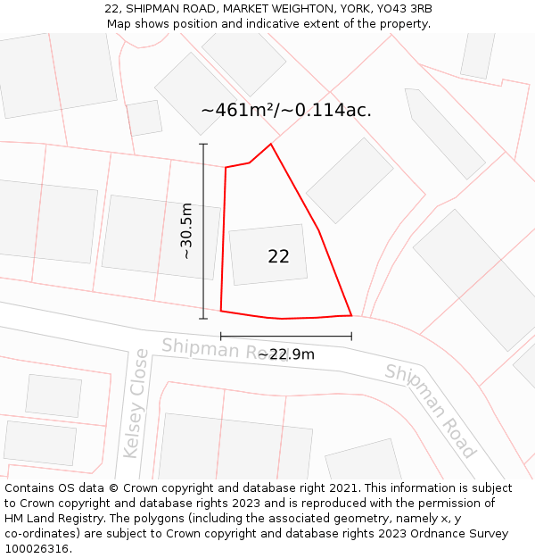 22, SHIPMAN ROAD, MARKET WEIGHTON, YORK, YO43 3RB: Plot and title map