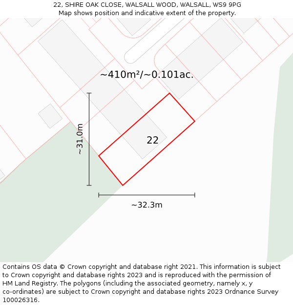 22, SHIRE OAK CLOSE, WALSALL WOOD, WALSALL, WS9 9PG: Plot and title map
