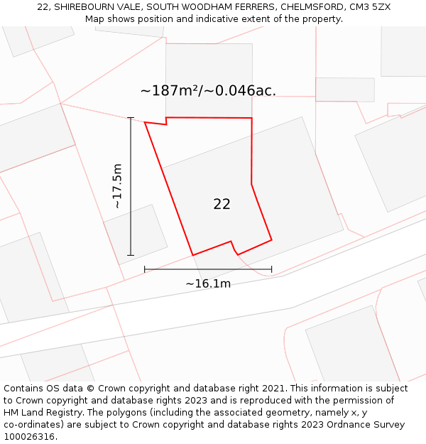 22, SHIREBOURN VALE, SOUTH WOODHAM FERRERS, CHELMSFORD, CM3 5ZX: Plot and title map