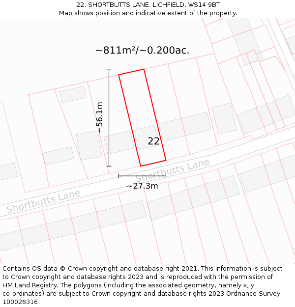 22, SHORTBUTTS LANE, LICHFIELD, WS14 9BT: Plot and title map