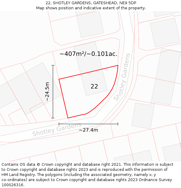 22, SHOTLEY GARDENS, GATESHEAD, NE9 5DP: Plot and title map