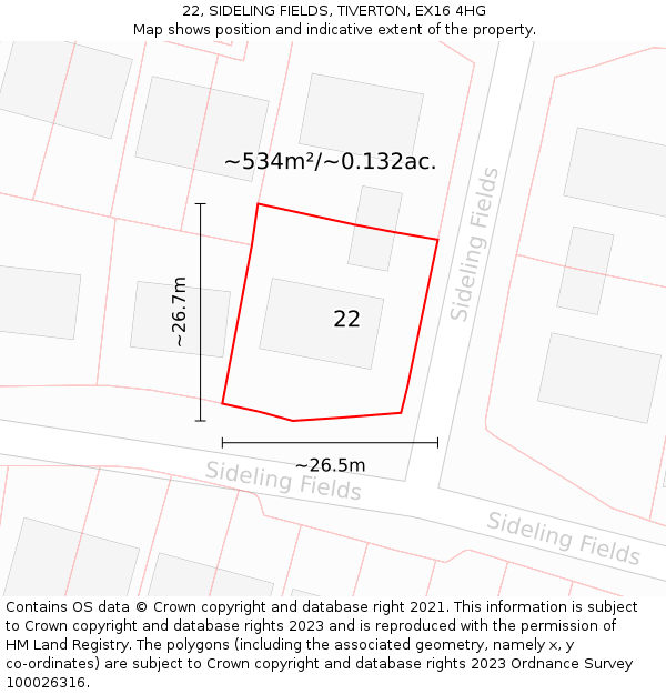 22, SIDELING FIELDS, TIVERTON, EX16 4HG: Plot and title map