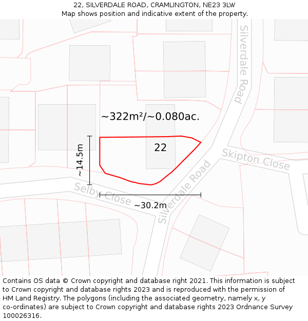 22, SILVERDALE ROAD, CRAMLINGTON, NE23 3LW: Plot and title map