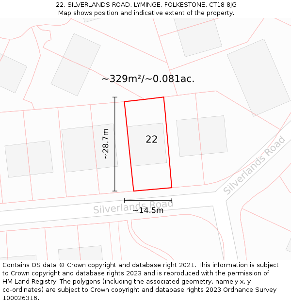 22, SILVERLANDS ROAD, LYMINGE, FOLKESTONE, CT18 8JG: Plot and title map