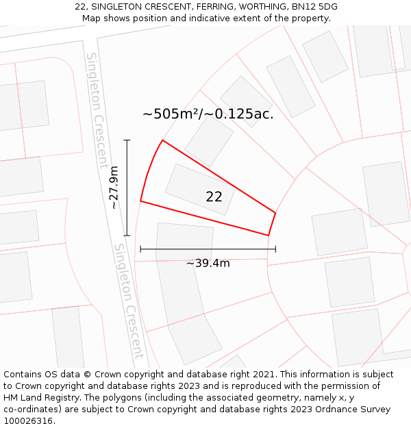 22, SINGLETON CRESCENT, FERRING, WORTHING, BN12 5DG: Plot and title map