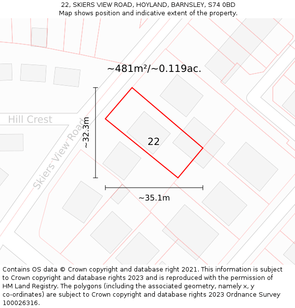 22, SKIERS VIEW ROAD, HOYLAND, BARNSLEY, S74 0BD: Plot and title map