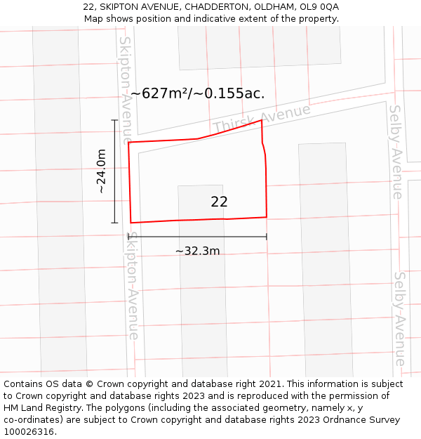 22, SKIPTON AVENUE, CHADDERTON, OLDHAM, OL9 0QA: Plot and title map