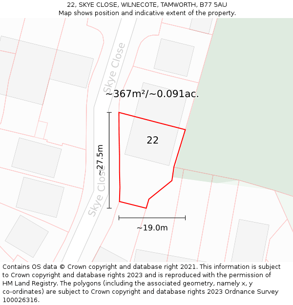 22, SKYE CLOSE, WILNECOTE, TAMWORTH, B77 5AU: Plot and title map
