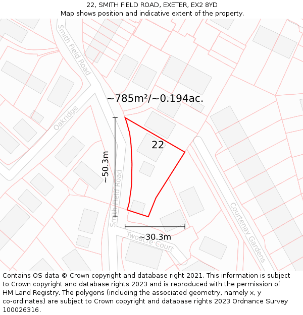 22, SMITH FIELD ROAD, EXETER, EX2 8YD: Plot and title map