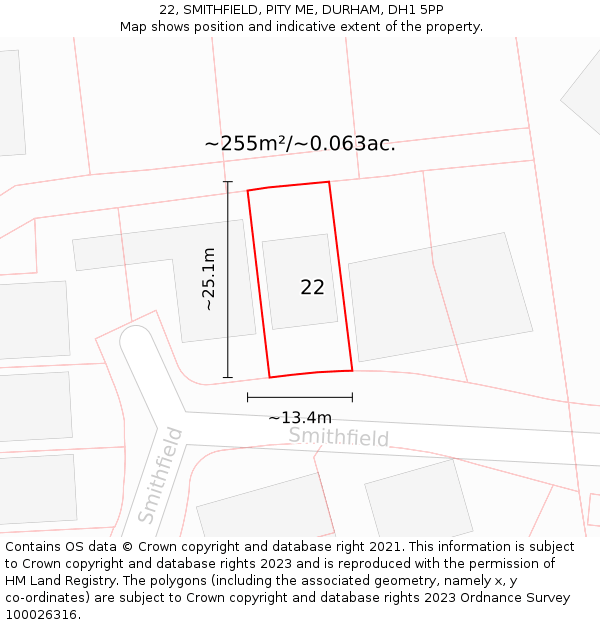22, SMITHFIELD, PITY ME, DURHAM, DH1 5PP: Plot and title map