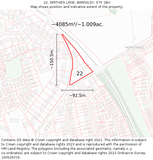 22, SMITHIES LANE, BARNSLEY, S75 1BH: Plot and title map