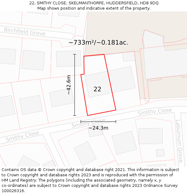 22, SMITHY CLOSE, SKELMANTHORPE, HUDDERSFIELD, HD8 9DQ: Plot and title map
