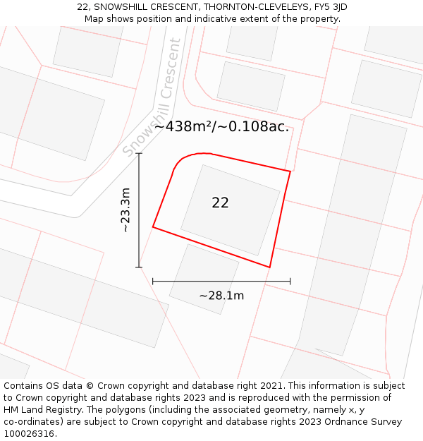 22, SNOWSHILL CRESCENT, THORNTON-CLEVELEYS, FY5 3JD: Plot and title map