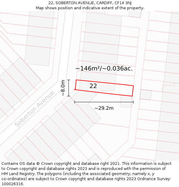 22, SOBERTON AVENUE, CARDIFF, CF14 3NJ: Plot and title map