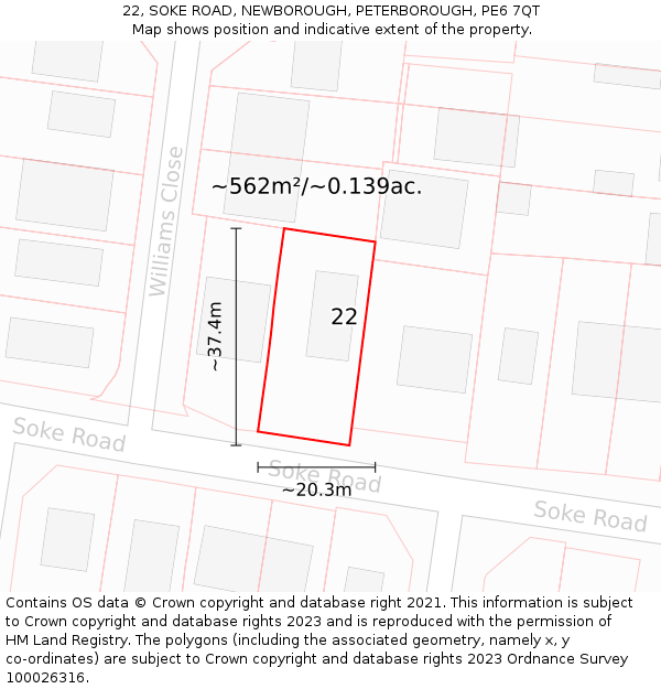 22, SOKE ROAD, NEWBOROUGH, PETERBOROUGH, PE6 7QT: Plot and title map