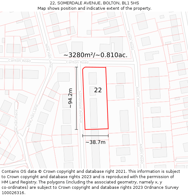 22, SOMERDALE AVENUE, BOLTON, BL1 5HS: Plot and title map