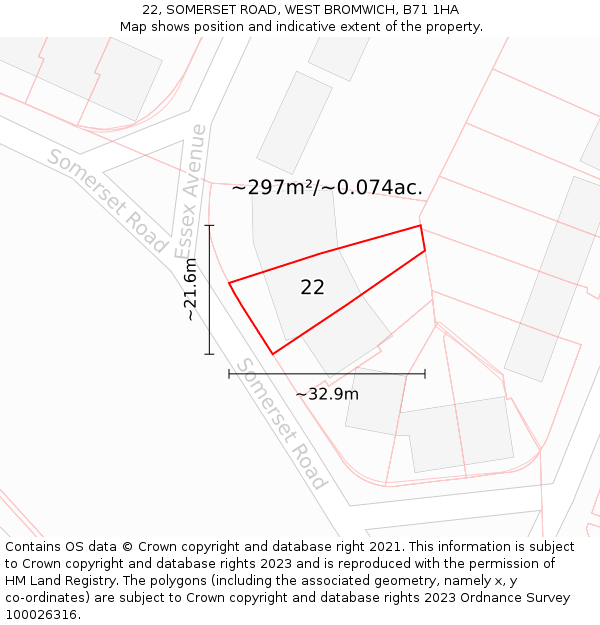 22, SOMERSET ROAD, WEST BROMWICH, B71 1HA: Plot and title map