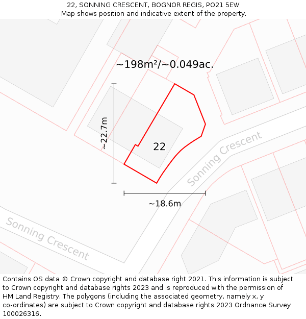 22, SONNING CRESCENT, BOGNOR REGIS, PO21 5EW: Plot and title map