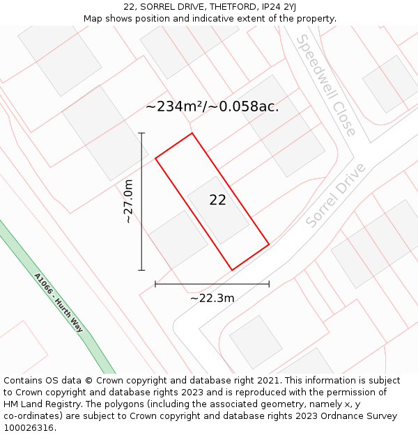 22, SORREL DRIVE, THETFORD, IP24 2YJ: Plot and title map