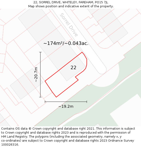 22, SORREL DRIVE, WHITELEY, FAREHAM, PO15 7JL: Plot and title map