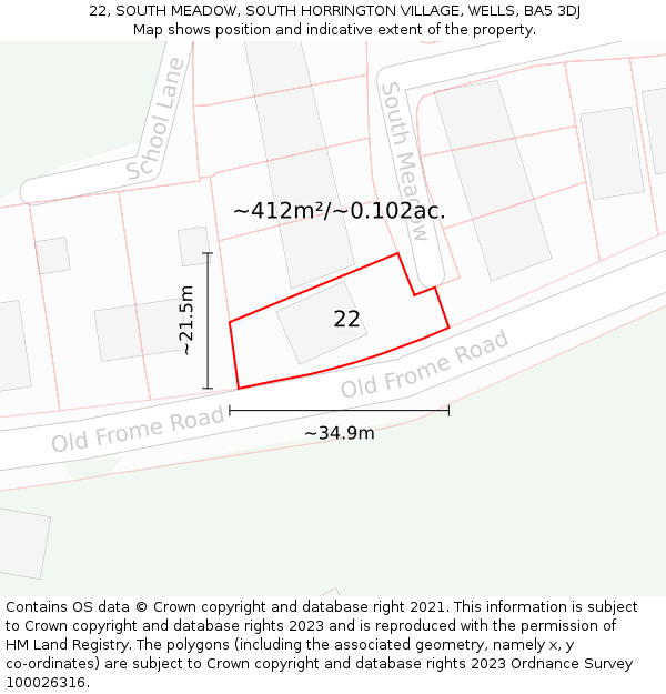 22, SOUTH MEADOW, SOUTH HORRINGTON VILLAGE, WELLS, BA5 3DJ: Plot and title map