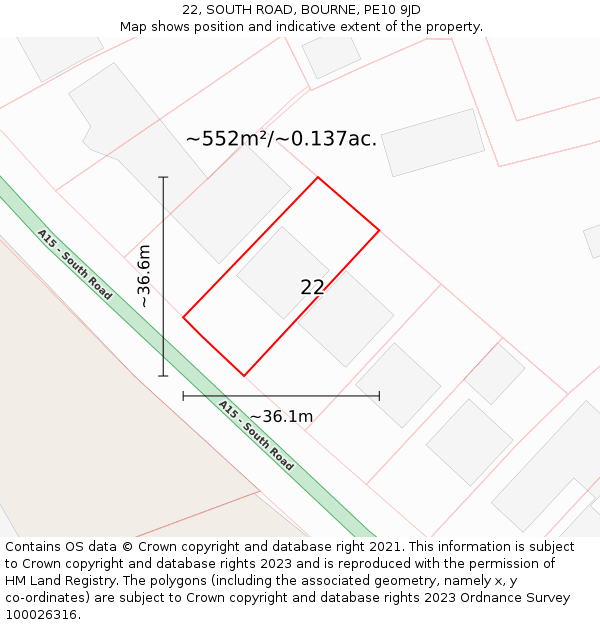 22, SOUTH ROAD, BOURNE, PE10 9JD: Plot and title map