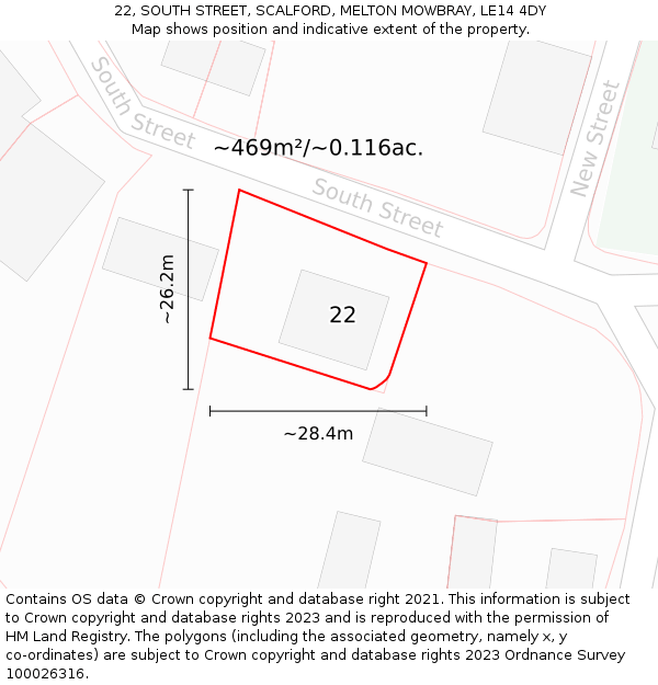 22, SOUTH STREET, SCALFORD, MELTON MOWBRAY, LE14 4DY: Plot and title map