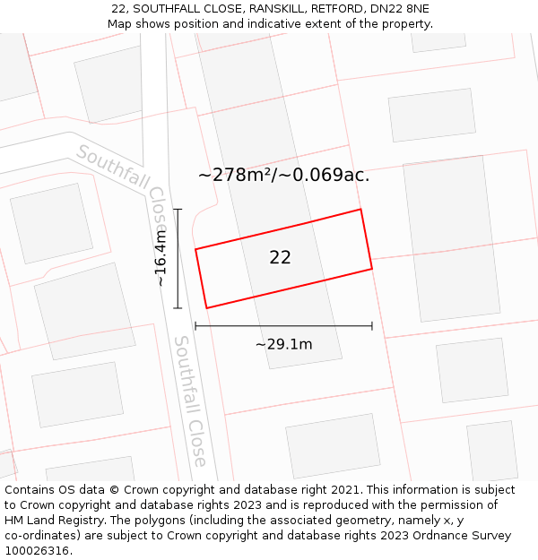 22, SOUTHFALL CLOSE, RANSKILL, RETFORD, DN22 8NE: Plot and title map