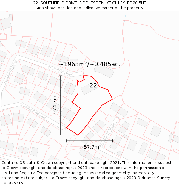 22, SOUTHFIELD DRIVE, RIDDLESDEN, KEIGHLEY, BD20 5HT: Plot and title map