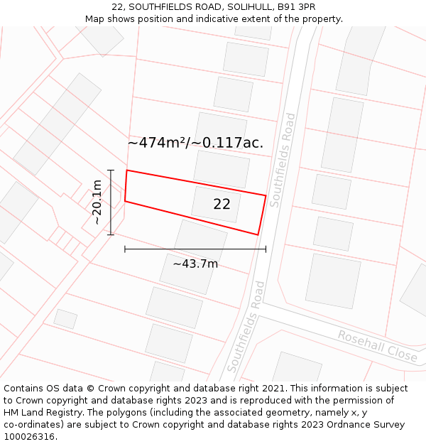 22, SOUTHFIELDS ROAD, SOLIHULL, B91 3PR: Plot and title map