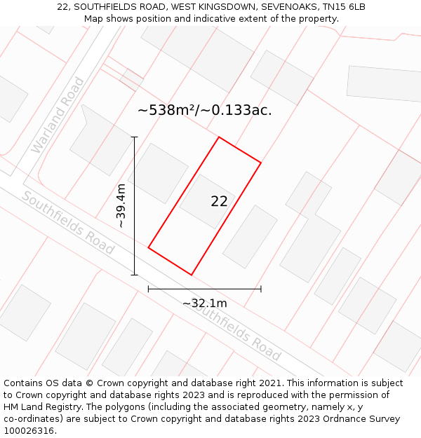 22, SOUTHFIELDS ROAD, WEST KINGSDOWN, SEVENOAKS, TN15 6LB: Plot and title map
