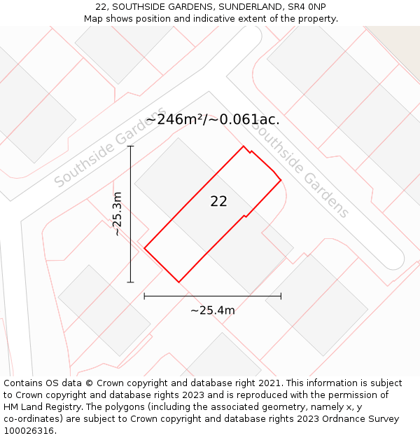 22, SOUTHSIDE GARDENS, SUNDERLAND, SR4 0NP: Plot and title map