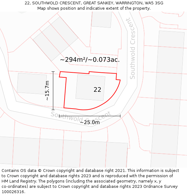 22, SOUTHWOLD CRESCENT, GREAT SANKEY, WARRINGTON, WA5 3SG: Plot and title map
