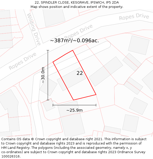 22, SPINDLER CLOSE, KESGRAVE, IPSWICH, IP5 2DA: Plot and title map
