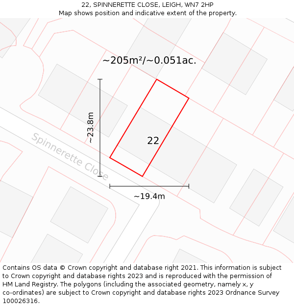22, SPINNERETTE CLOSE, LEIGH, WN7 2HP: Plot and title map