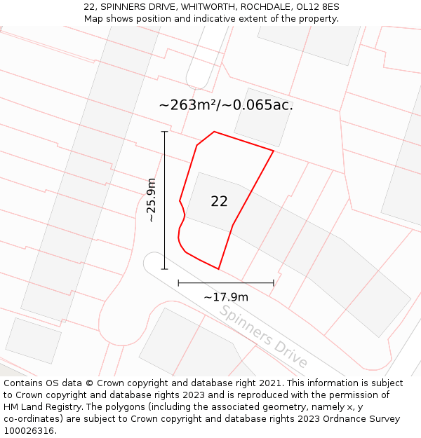 22, SPINNERS DRIVE, WHITWORTH, ROCHDALE, OL12 8ES: Plot and title map